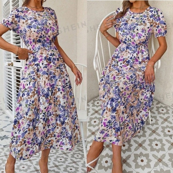 Floral Print Short Sleeve Midi Dress Large - Picture 7 of 7